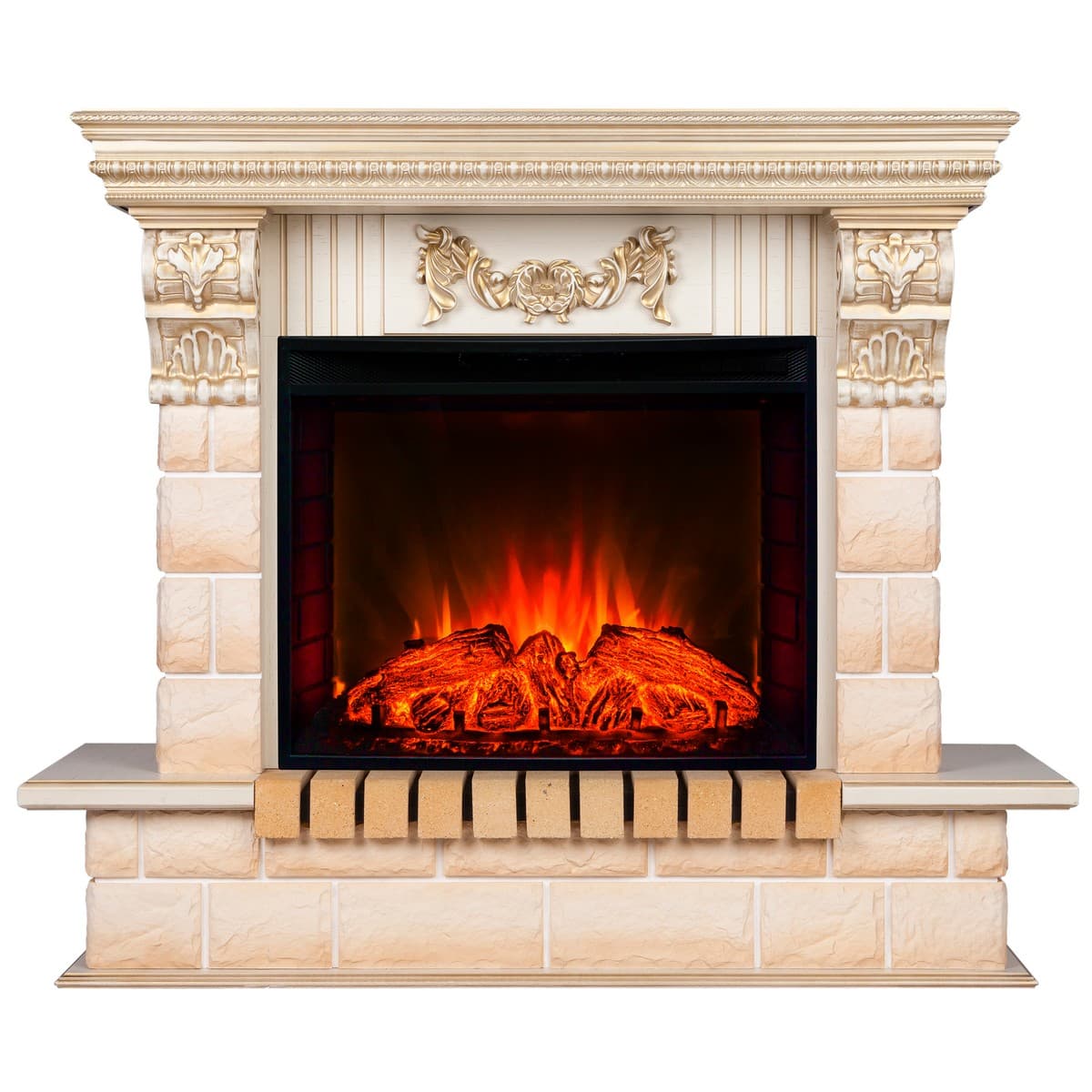 Электрокамин RealFlame Gracia 24/25,5 WT белый дуб с золотой патиной с очагом Evrika 25,5 LED